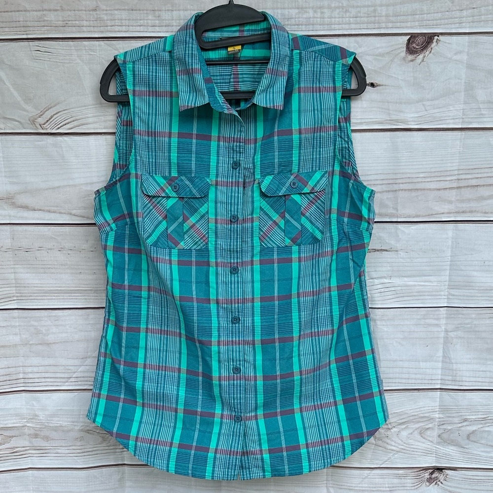 Eddie Bauer Women’s Travex Top Blue Plaid button up Crinkle Chest Pockets Medium